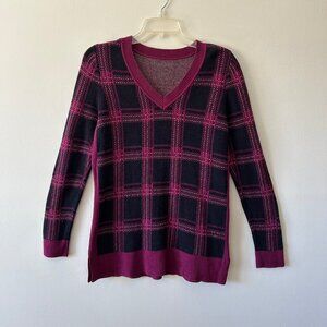 V-Neck Long Sleeve Maroon and Black Plaid Sweater
